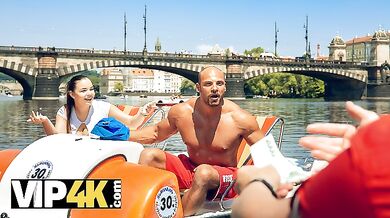 HUNT4K. After fun on catamaran busty beauty sucking hunters dick in forest
