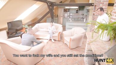 HUNT4K. Hot brunette rides hunters dick in front of greedy husband
