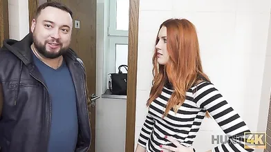 HUNT4K Belle with red hair fucked by stranger in toilet in front of BF