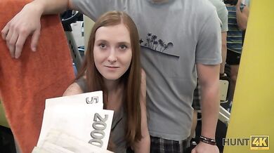 HUNT4K. Long-haired ginger with cute face sells tiny pussy for money