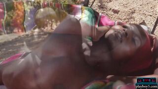 Ebony African Big Natural Tits MILF Model Shasta Wonder Strips Outdoor